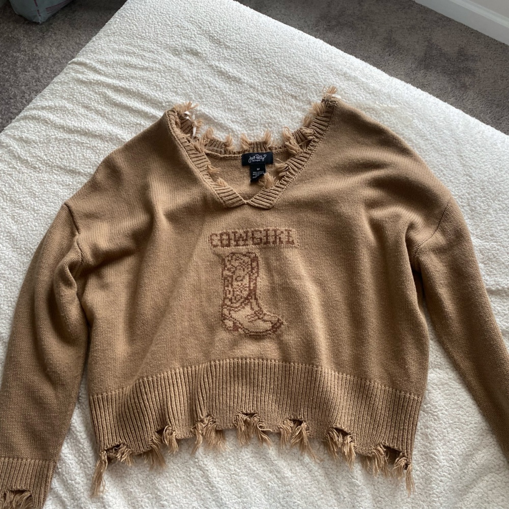 Just Polly New York Distressed Fringe Sweater Tan Size M